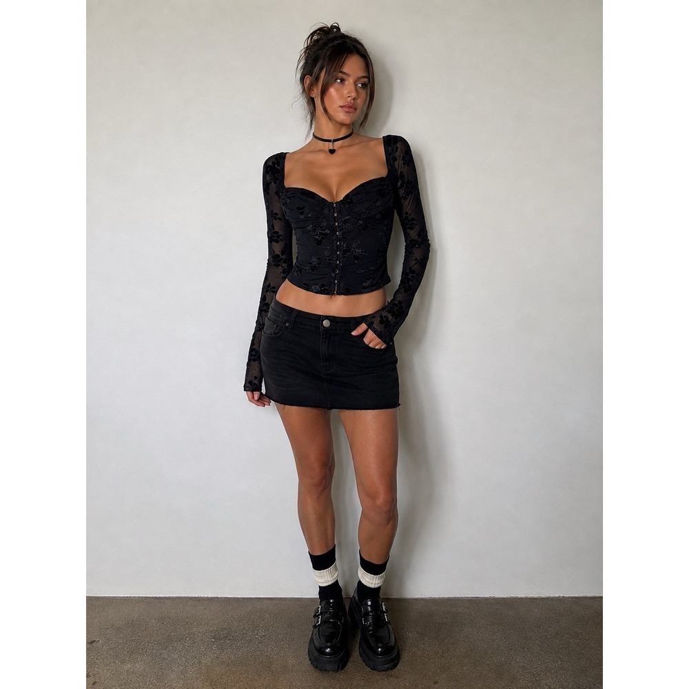 Burnout Velvet Sheer Mesh Corset Blouse Top Whimsigoth Fairy Grunge Bustier L